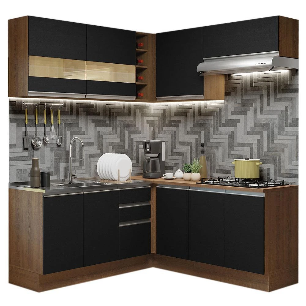 Cozinha completa de canto madesa glamy 349001 com armário e balcão (sem tampo e pia) - rustic/preto