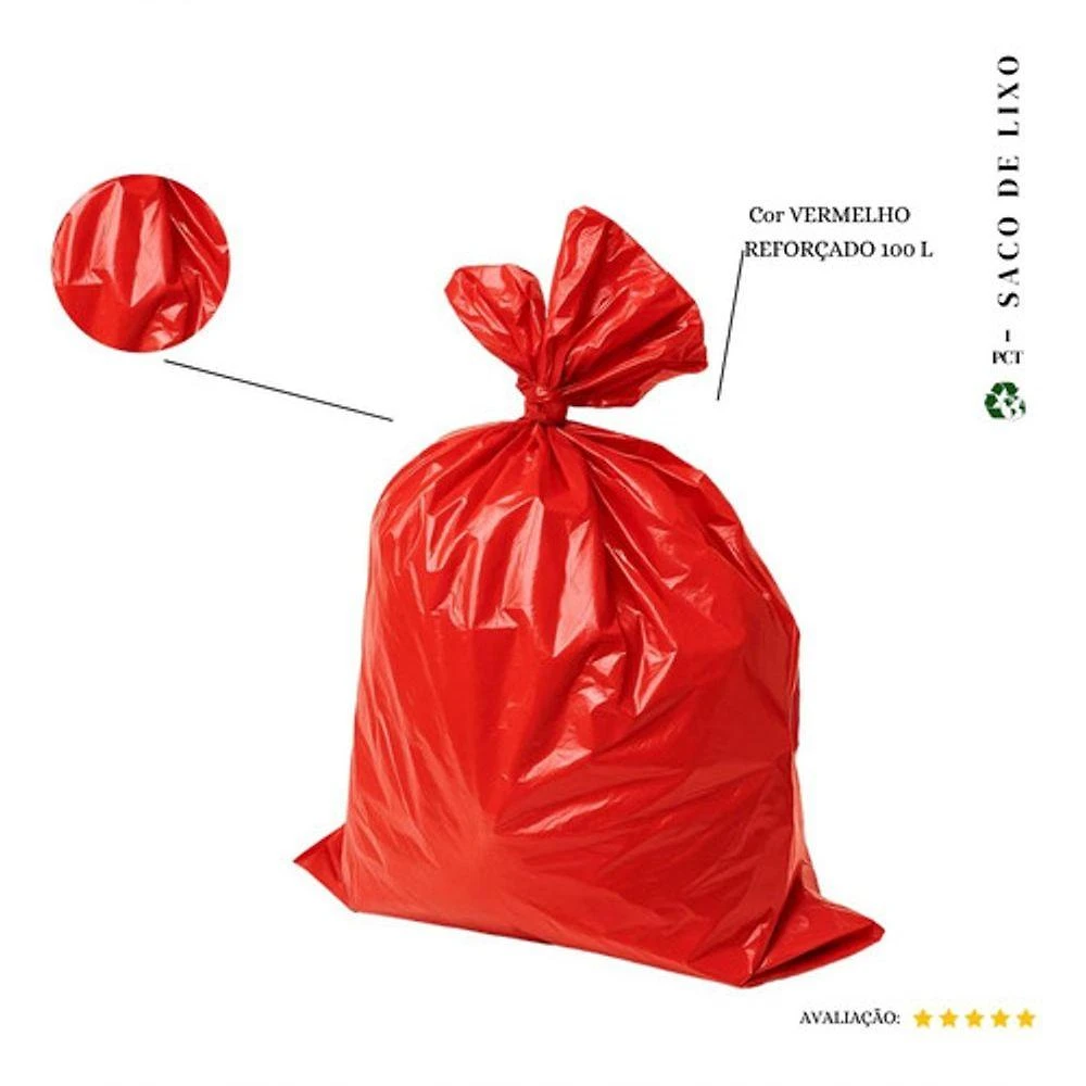 Saco de Lixo 100L Reforçado Vermelho 20 Und para Resíduos Médios Higipack