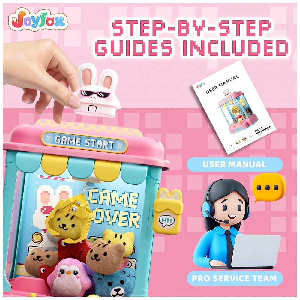 Máquina de Garra Rosa e Azul JoyfoxToy – Mini Arcade Infantil com 10 Pelúcias, 10 Cápsulas, Som e Brinquedos