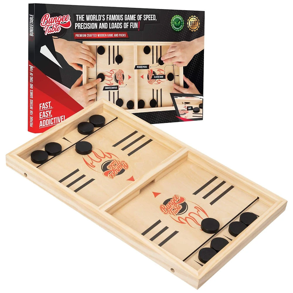 Jogo de Mesa Sling Puck, Desafie Sua Velocidade e Precisão com Este Jogo de Hóquei de Ar em Madeira Super Vencedor de Ação Rápida, Bungee Table, Preto