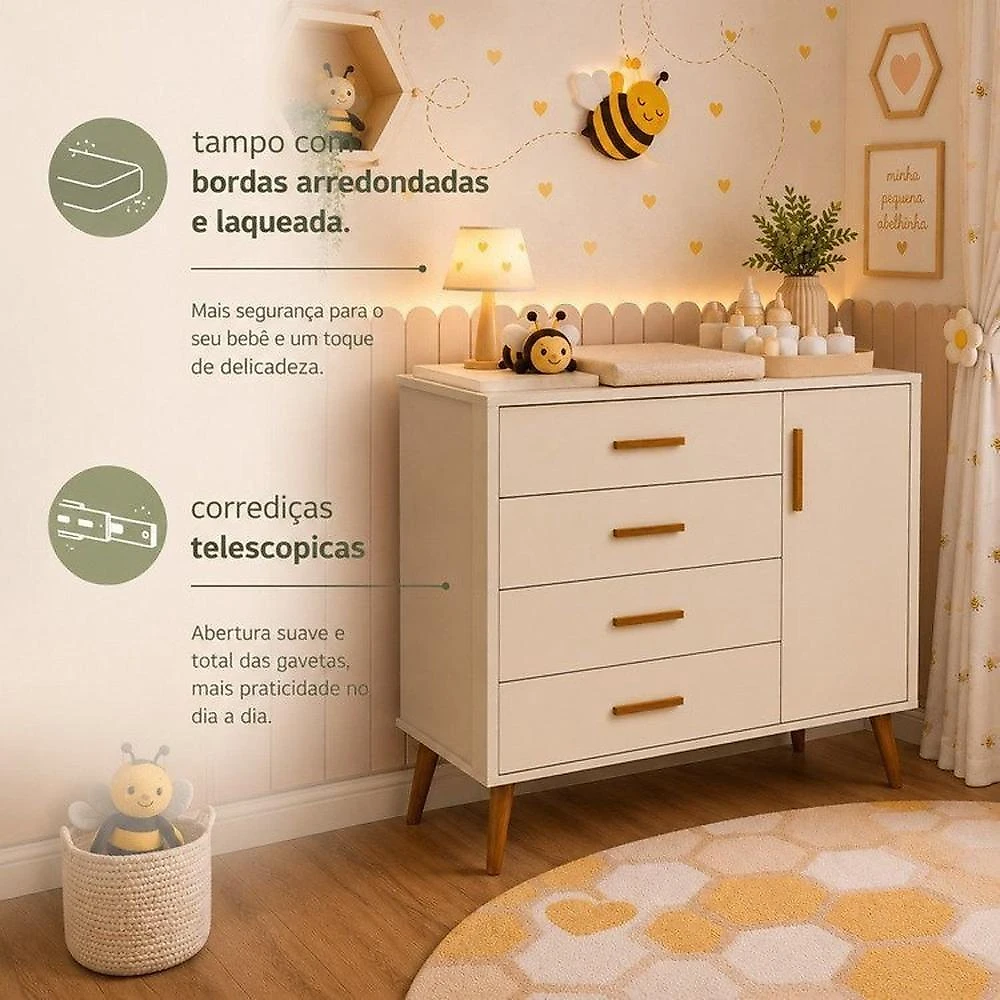 Quarto de Bebê Completo Isis / Berço 2 em 1, Cômoda Sapateira 100% MDF Areia
