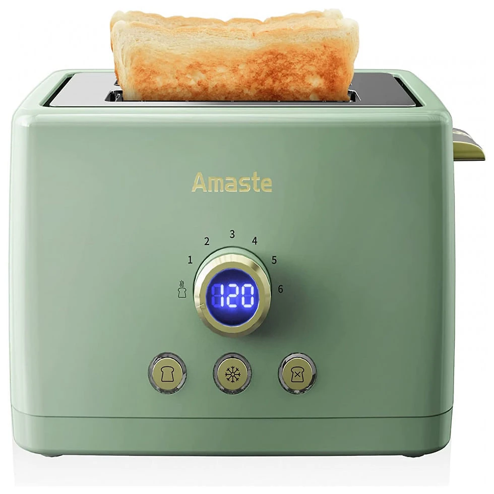 Torradeira Elétrica Retrô 2 Fatias com 6 Níveis de Tostagem em Aço Inoxidável e Painel Digital, 110V 850W, Amaste, Verde