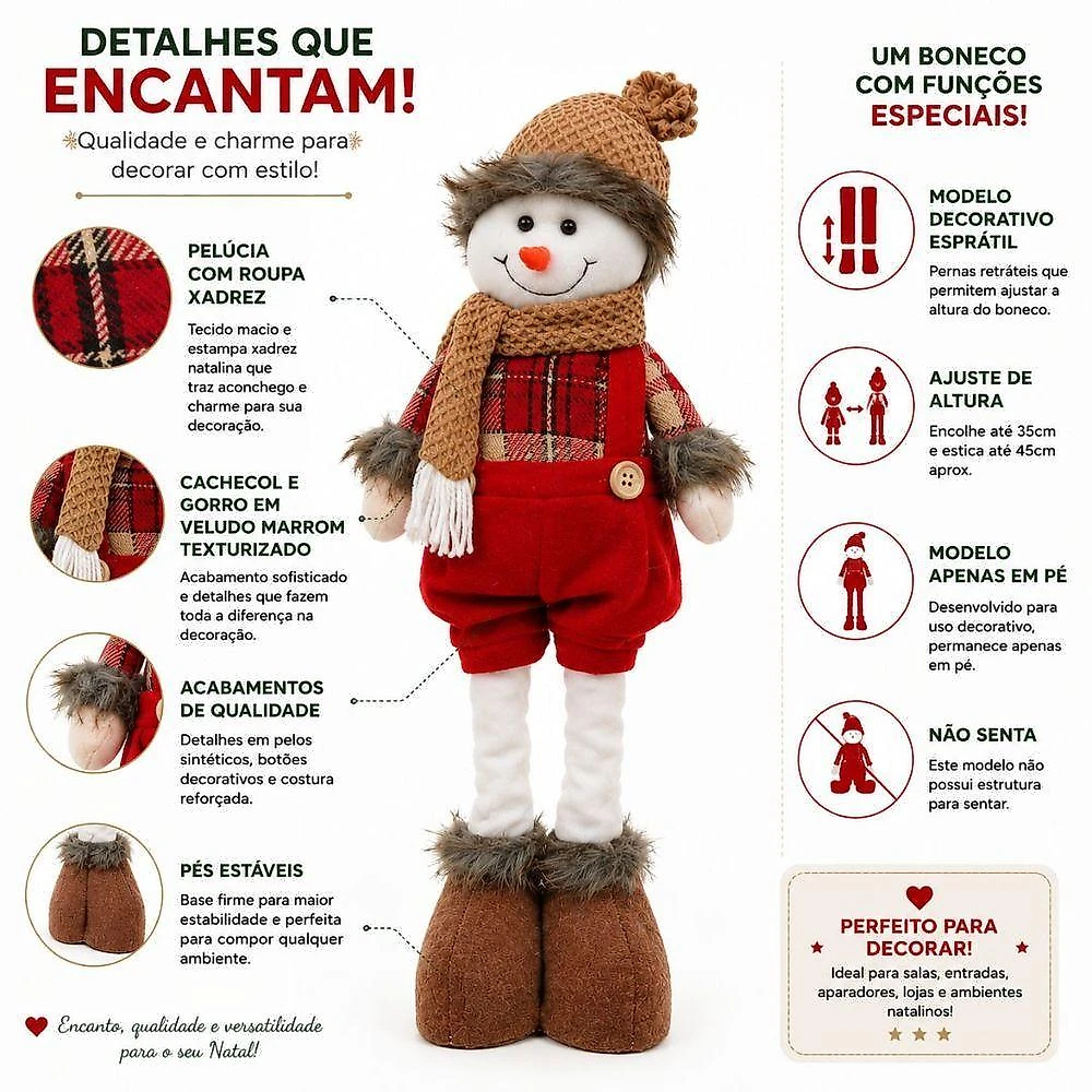 Conjunto Papai Noel e Boneco de Neve Retráteis Decorativo com Sistema Estica e Encolhe Xadrez