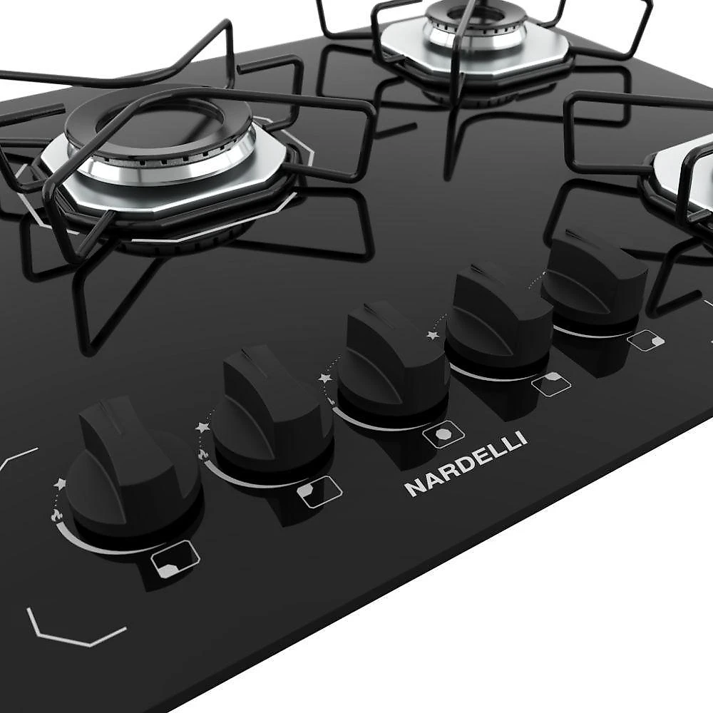 Cooktop a Gás Nardelli Ori 5 Bocas Vidro Temperado Preto Bivolt