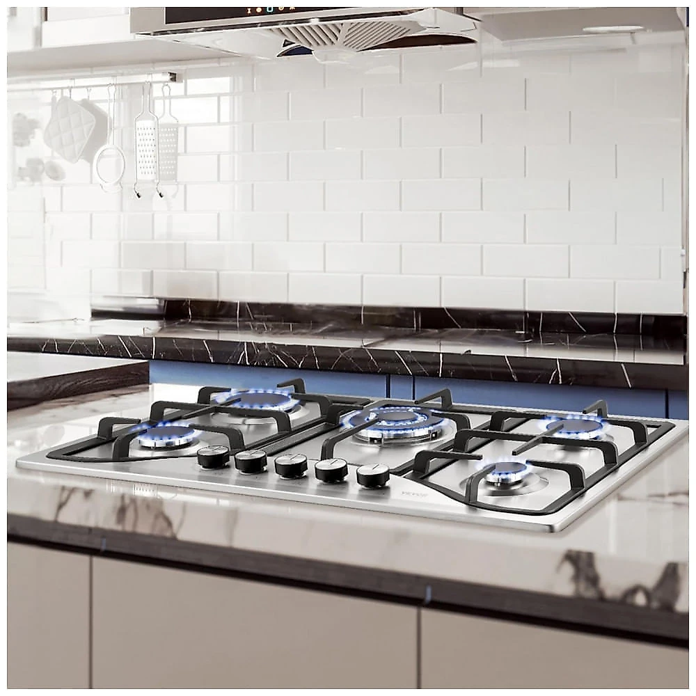 Cooktop a gás 5 bocas VEVOR inox escovado embutir conversível GN/GLP com5 Queimadores, Aço Inox, Segurança com Termopar, Alta Eficiência 110V