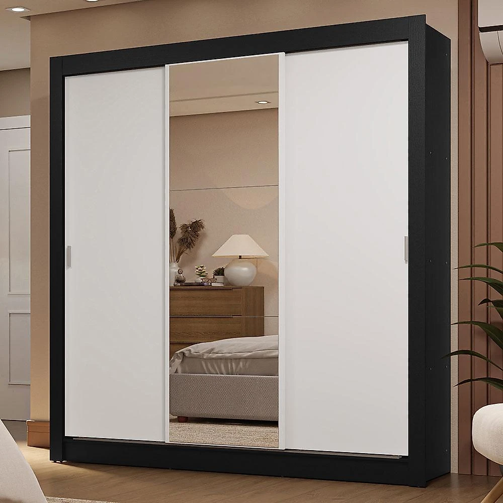 Guarda-roupa casal 3 portas de correr com espelho 2 gavetas sublime madesa preto