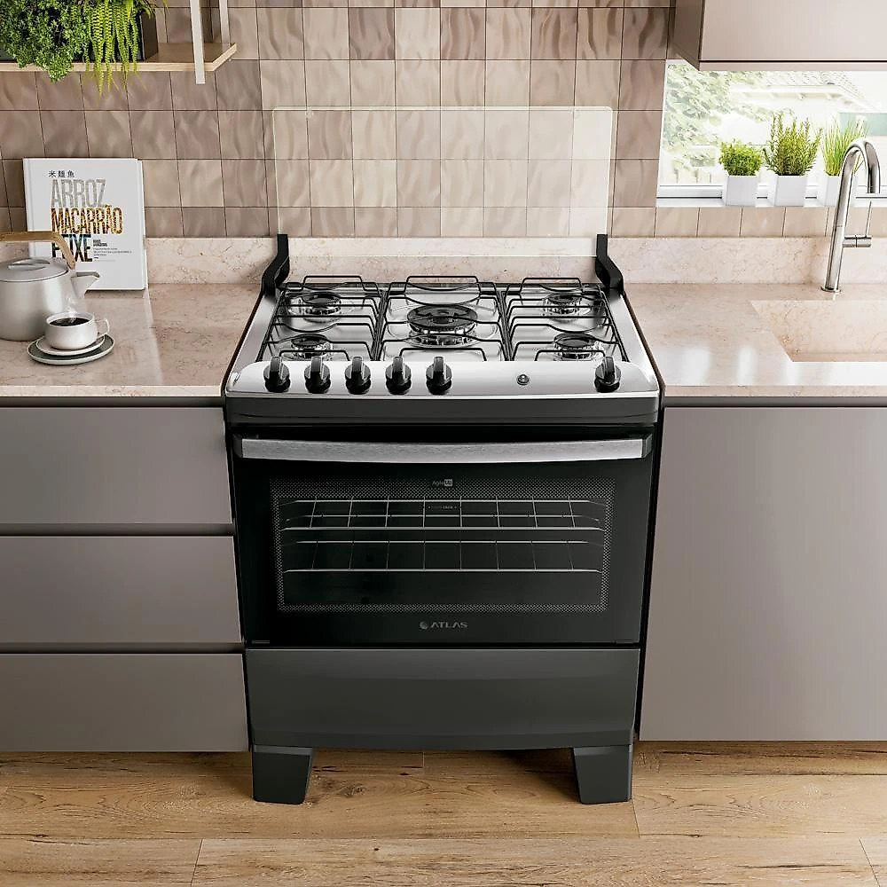Fogão 5 Bocas Atlas Agile Up Com Mesa De Inox A Gás Bivolt Preto