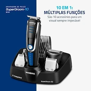 Miniatura Aparador de Pelos Mondial Super Groom 10 em 1 BG-03 Sem Fio Preto/Azul - Bivolt
