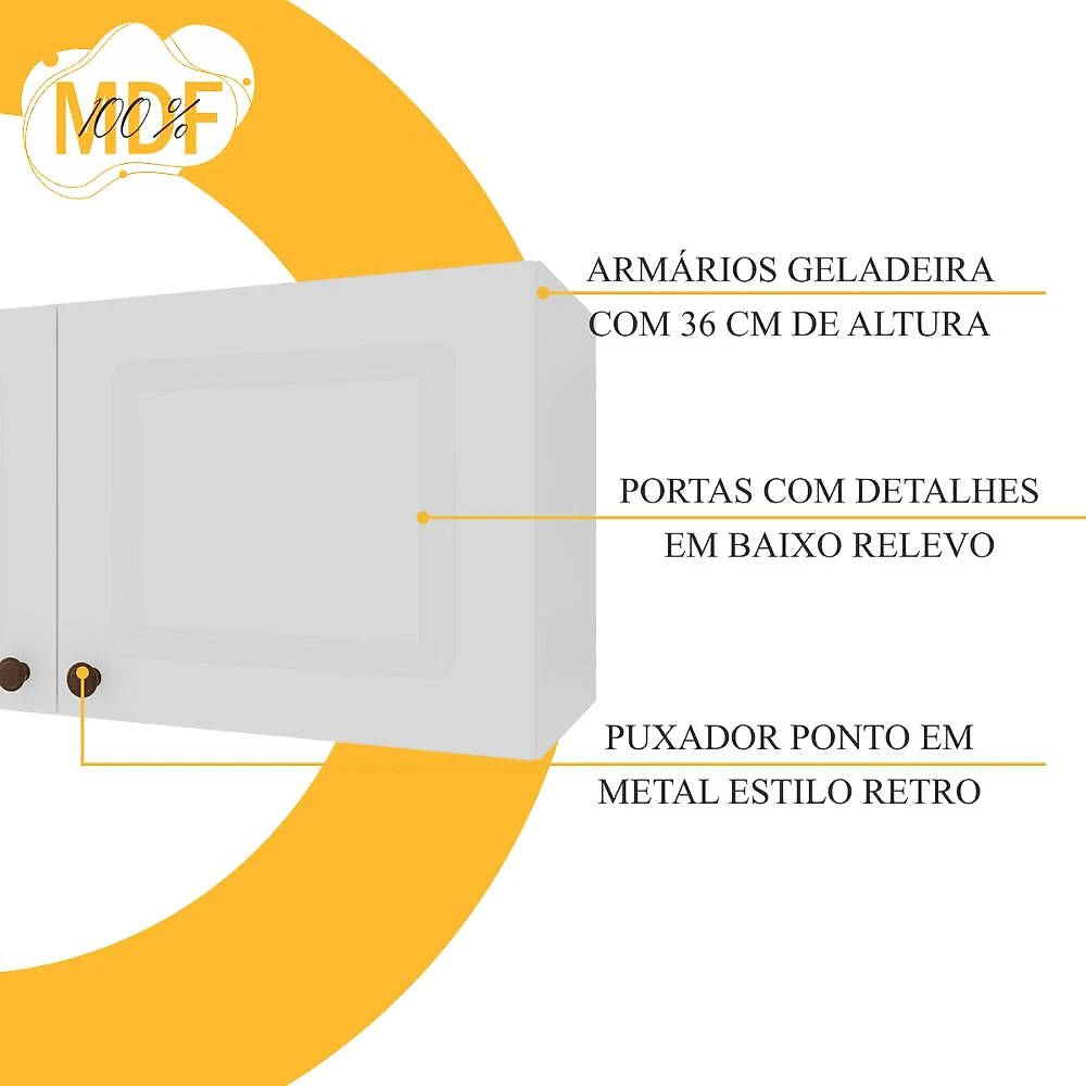 Cozinha Modulada Completa Americana 100% MDF 280cm com Rodapé Provence Multimóveis CRINK-CPL012 Branco