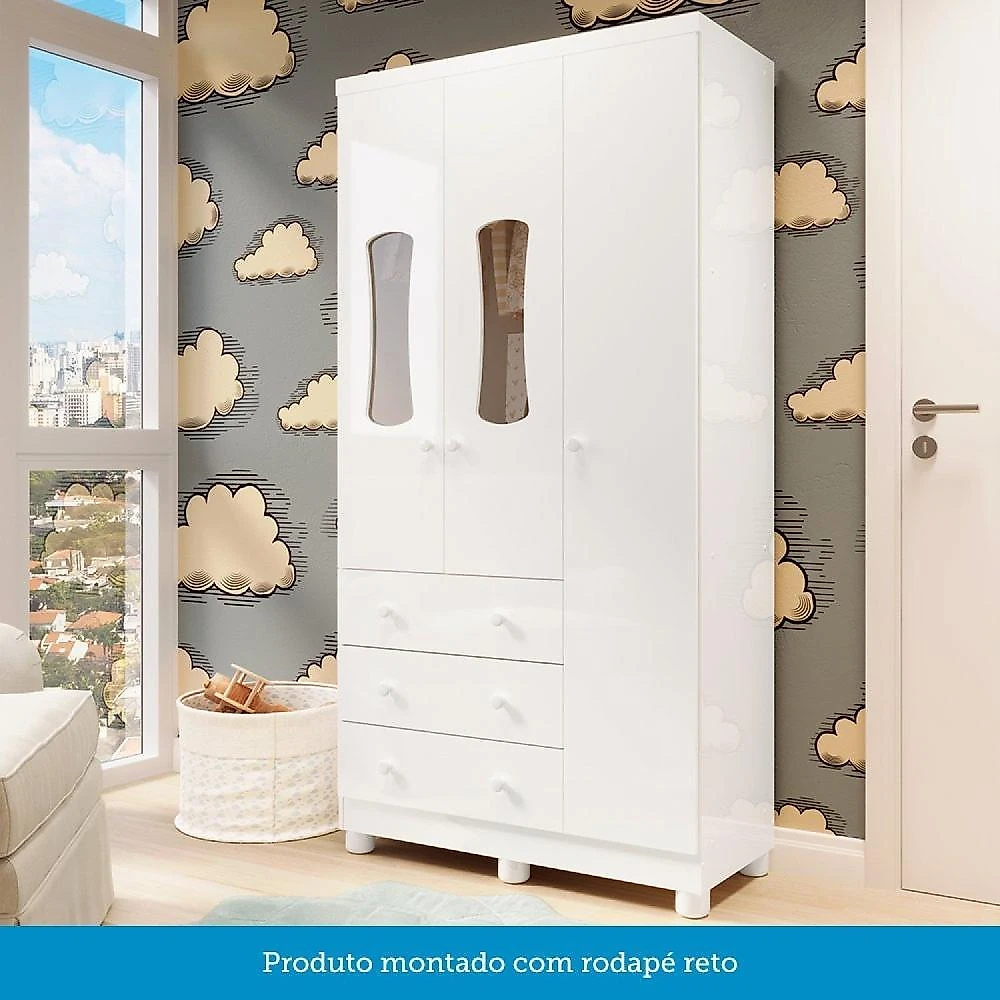 Quarto de Bebê Completo com Guarda Roupas 3 Portas Cômoda e Berço com Rodizio 100% Mdf Lana Espresso Branco Brilho