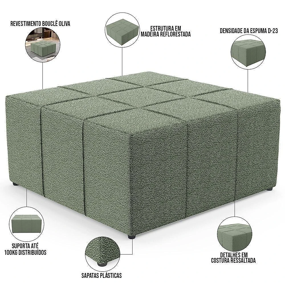 Kit 02 Puffs Decorativo Para Sala De Estar Quadrado Milano 90X90Cm W01 Bouclê Oliva