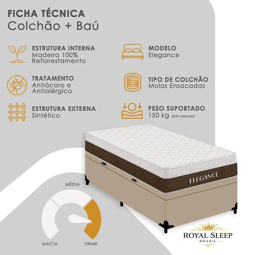 Cama Box com Baú Solteiro Elegance Pillow Top Molas Ensacadas Tecido Off White Royal