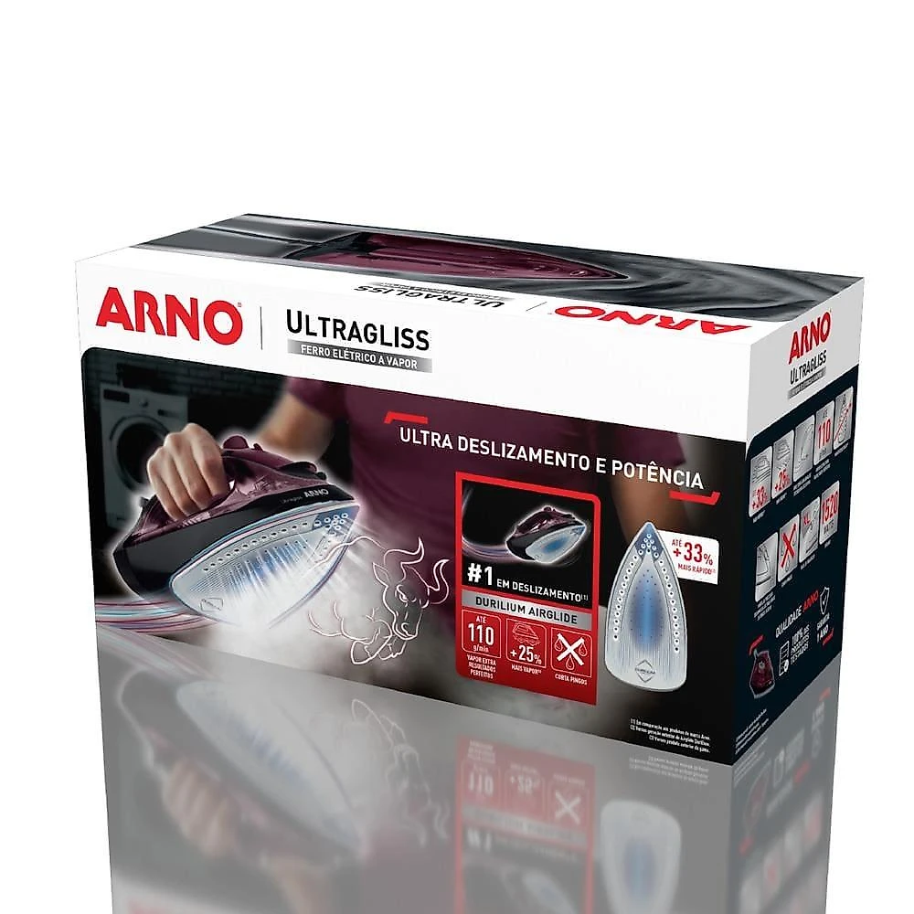 Ferro de passar a vapor arno ultragliss com spray e base durilium airglide - vinho 220