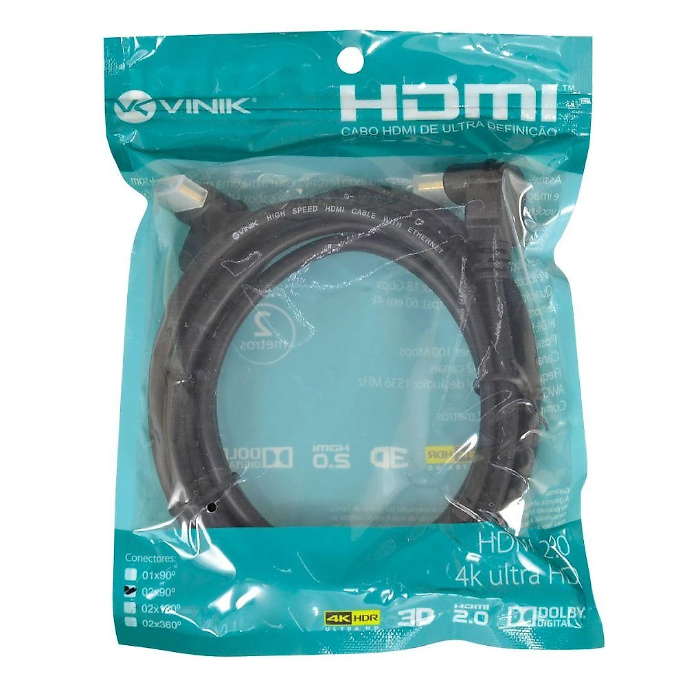 Cabo Hdmi 2.0 4k Ultra Hd 3d Conexão Ethernet Com 01 Conector 90º 2 Metros - H2090-2