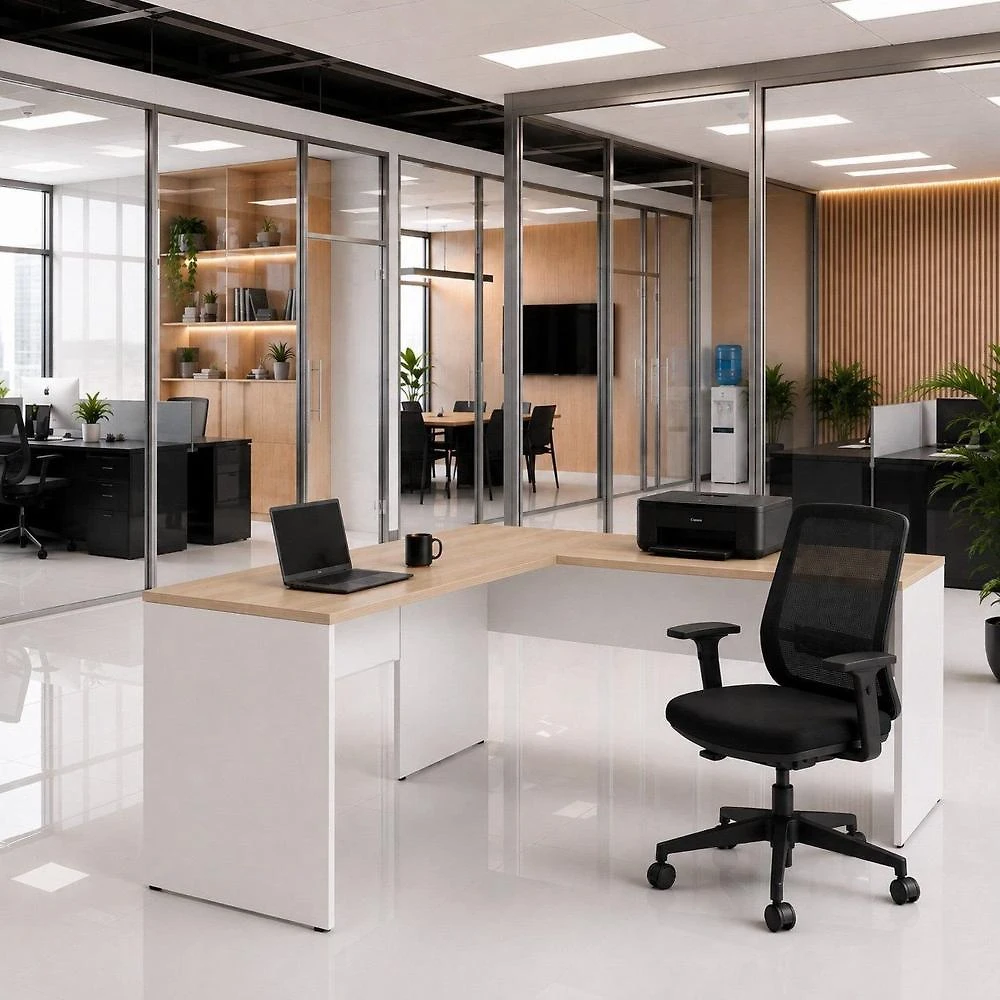 Mesa de Escritório em L 140x60cm + Cadeira Ergonômica Reclinável com Apoio Lombar,Pistão Classe