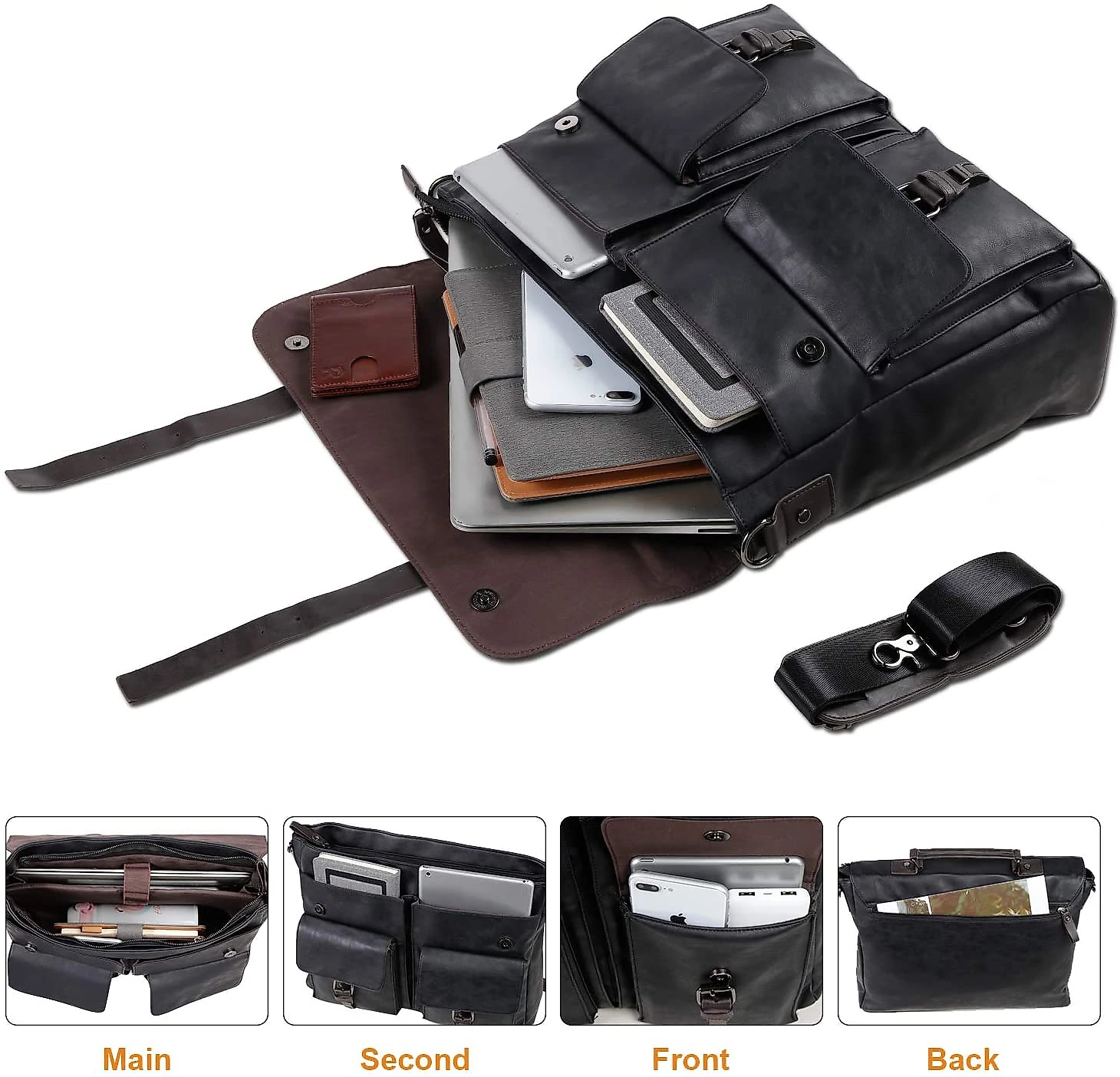 Seyfocnia BolsaMaleta de Couro Sintético Masculina para Laptop 43 cm Preto
