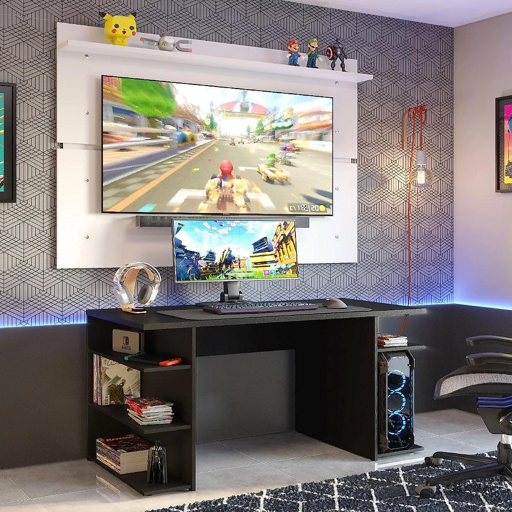 Mesa para computador gamer madesa 9409 e painel para tv até 65 polegadas - preto/branco