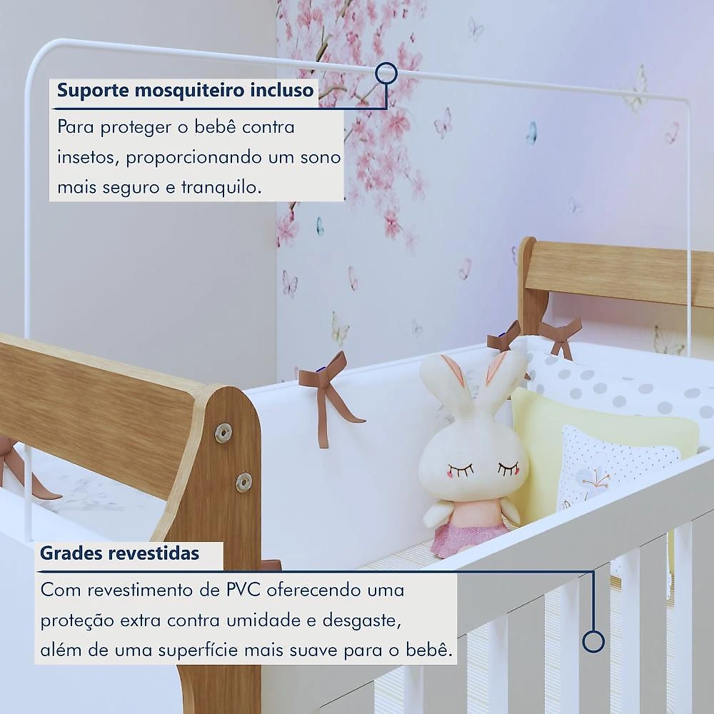 Quarto de Bebê Completo com Cômoda, Berço com Colchão e Guarda Roupas Mila Branco/Amadeirado