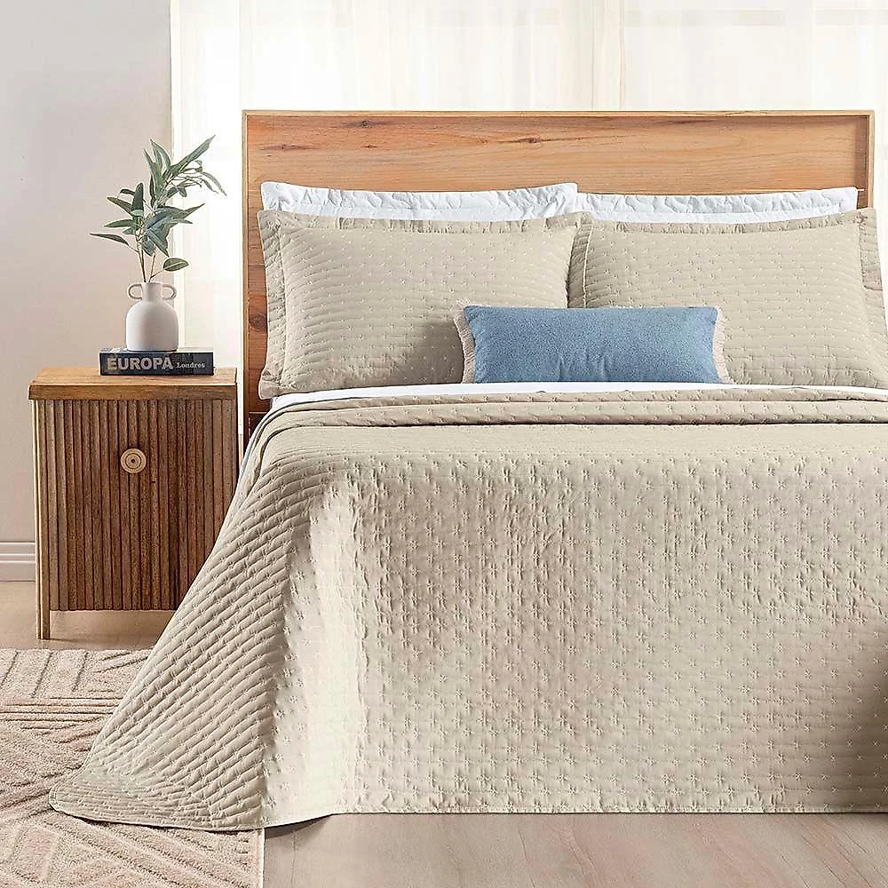 Kit Cobre Leito Colcha Quality Queen 3 Peças Percale 200 Fios Bordado - Cáqui