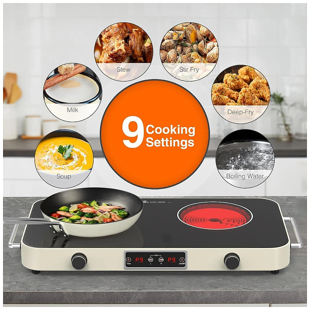 Cooktop Elétrico Portátil de Indução com 2 Bocas, 9 Níveis de Potência, Temporizador, 2 Alças, Controle de Botão e Trava de Segurança para Crianças, 110v