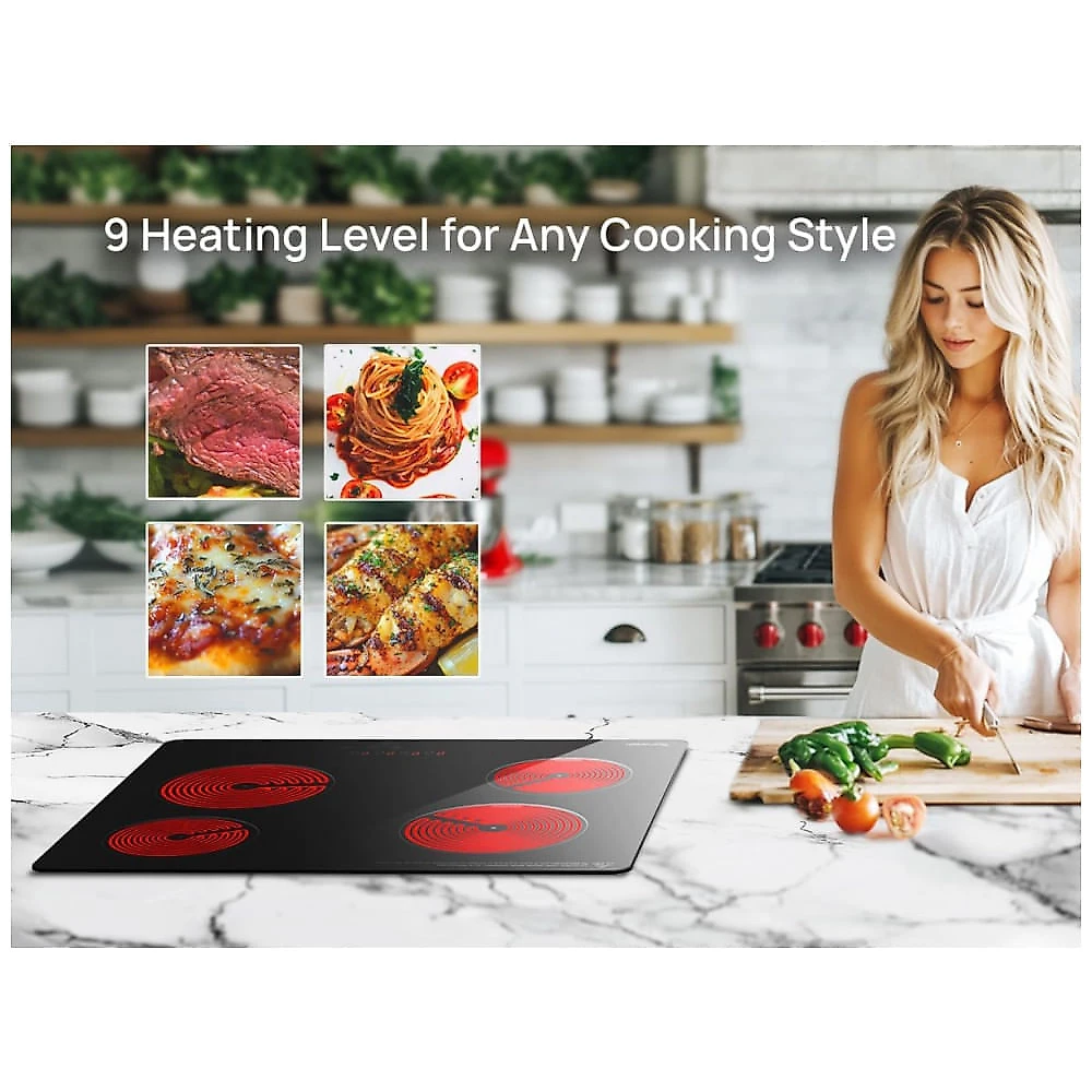 Cooktop elétrico vitrocerâmico 60cm TOPWISH preto 4 zonas radiantes touch timer bloqueio infantil 6000W 220V