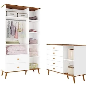 Miniatura Guarda-Roupa Bartira Ternura com 3 Portas, 2 Gavetas + Cômoda Bartira Ternura com 5 Gavetas e 1 Porta Branco Wood