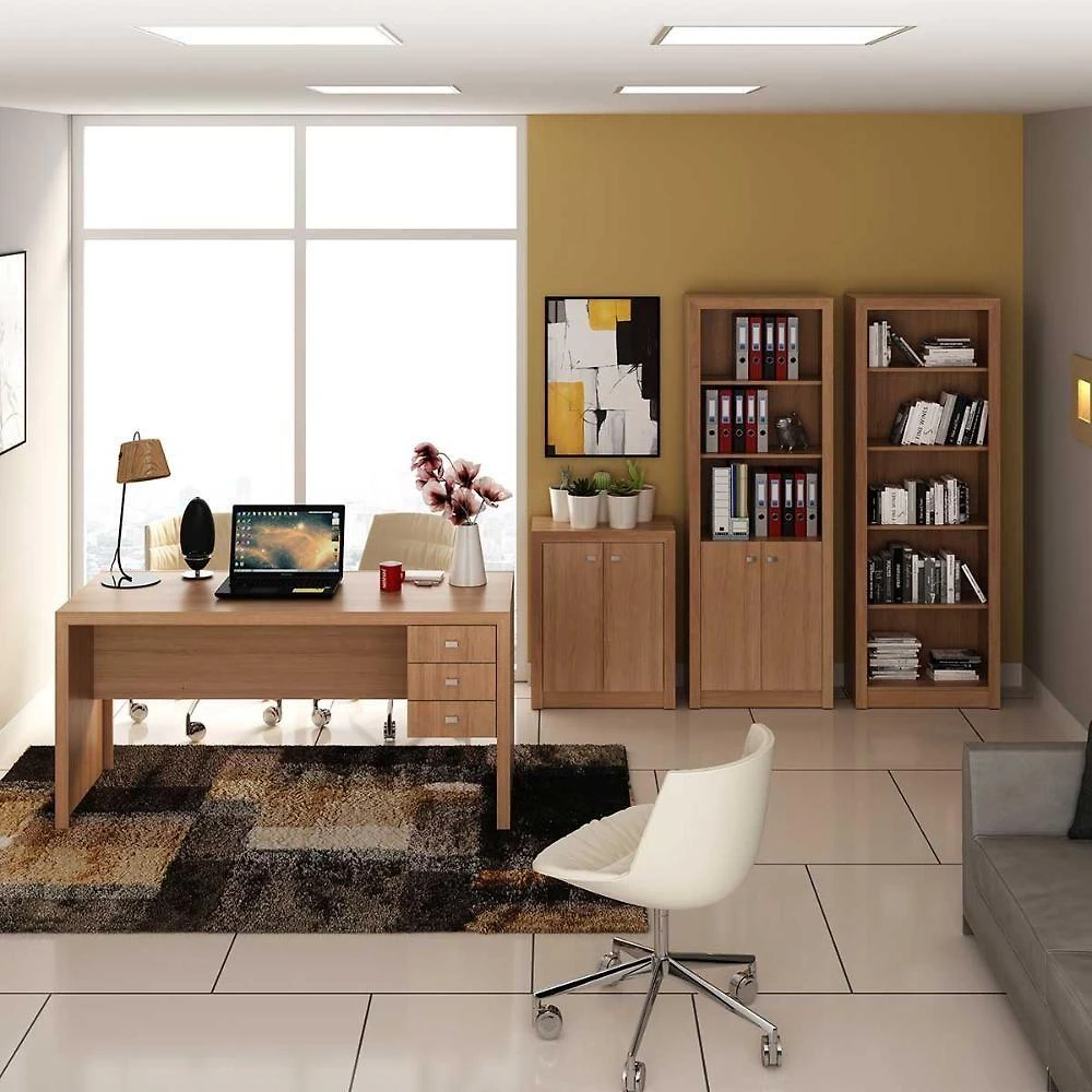 Kit para Escritório 4 Peças 1 Mesa 2 Estantes e Balcão 3 Gavetas MDP Amêndoa Tecno Mobili