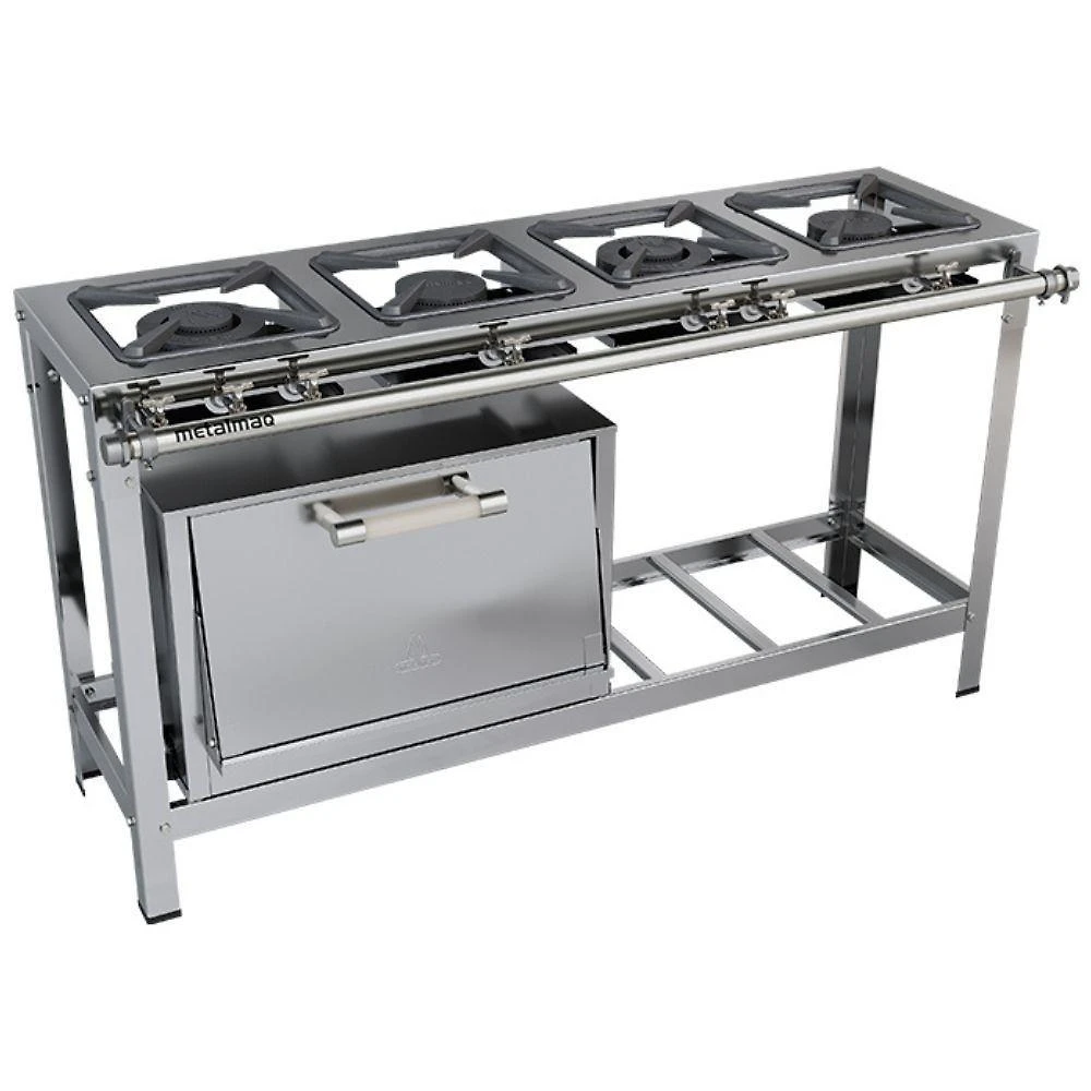 Fogão Industrial Stori Premium 4 Bocas 30x30 Em Linha Com Forno M12 Aço Inox 430 Metalmaq