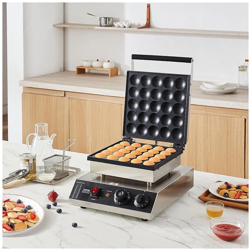 Máquina de Poffertjes Mini Panquecas VEVOR 25 Cavidades Ø43mm Inox Controle de Temperatura 1700W 110V