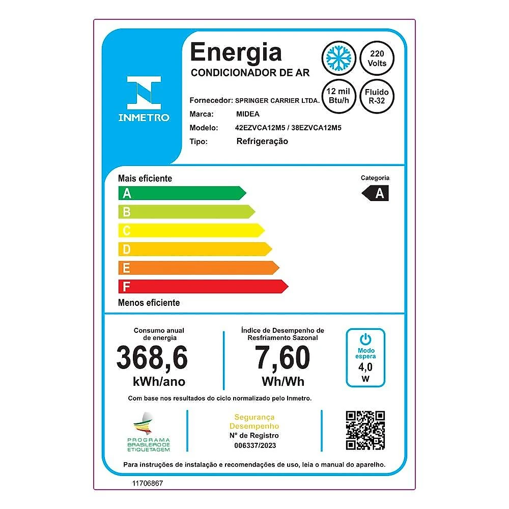 Ar-Condicionado Split Inverter 12000 BTUs Midea AI Ecomaster High Wall Só Frio 42EZVCA12M5/38EZVCA12M5 220V