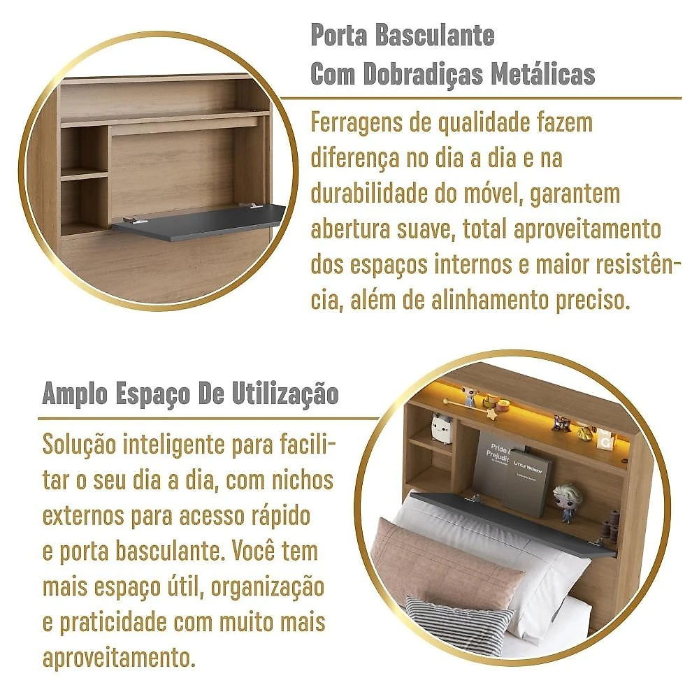 Cama de Solteiro 90 Suspensa com Ilunimação em Led e Organizador na Cabeceira Cancun cor Mel/Grafite Mel/Grafite