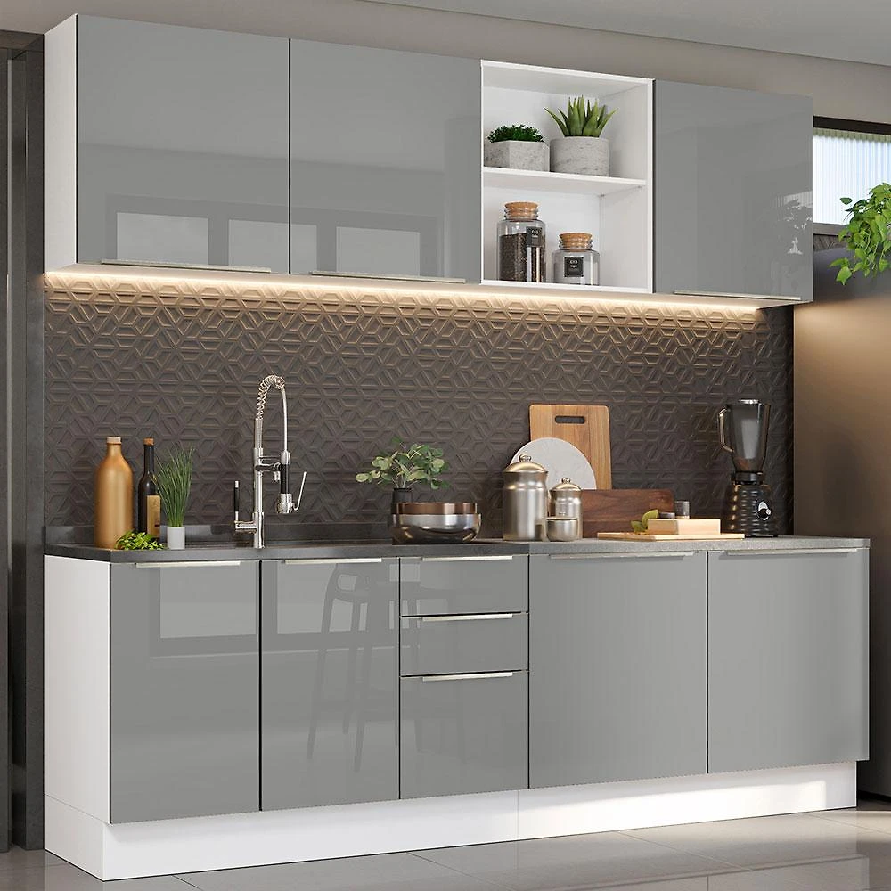 Armário de Cozinha Completa 240cm Branco/Cinza Lux Madesa 05