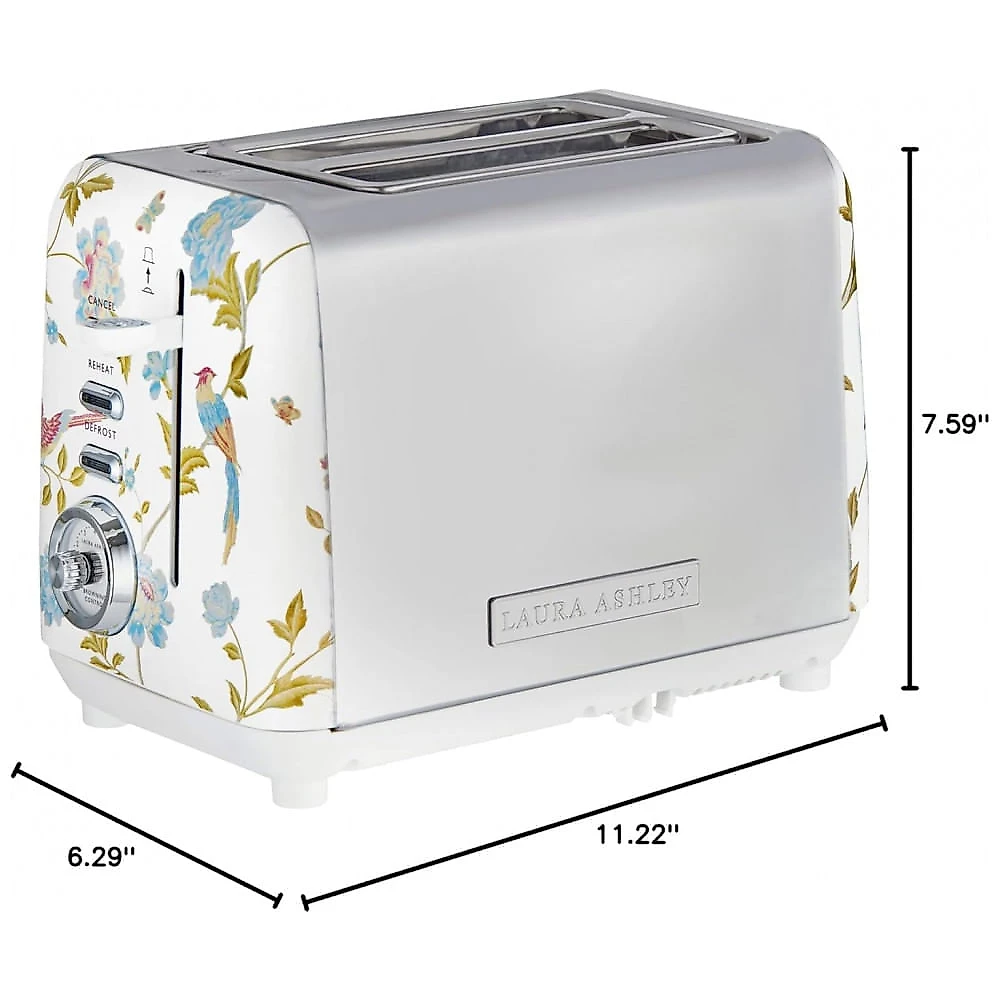 Torradeira 2 Fatias em Aço Inox Laura Ashley Branco com estampa floral Elveden, Slots Largos, 7 Níveis, Funções Descongelar, Reaquecer