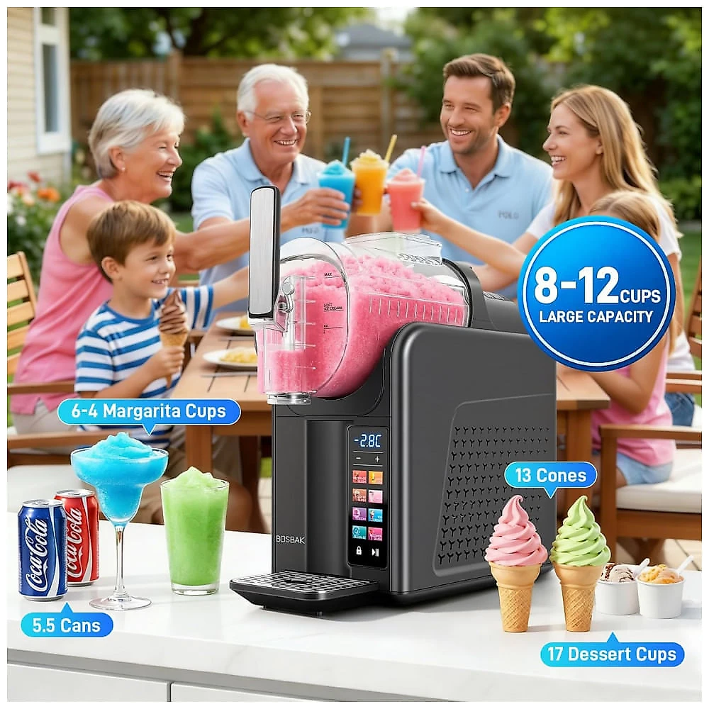 Máquina de Slush Raspadinha BOSBAK 2L 6-em-1 Sem Gelo Auto Limpeza Preto