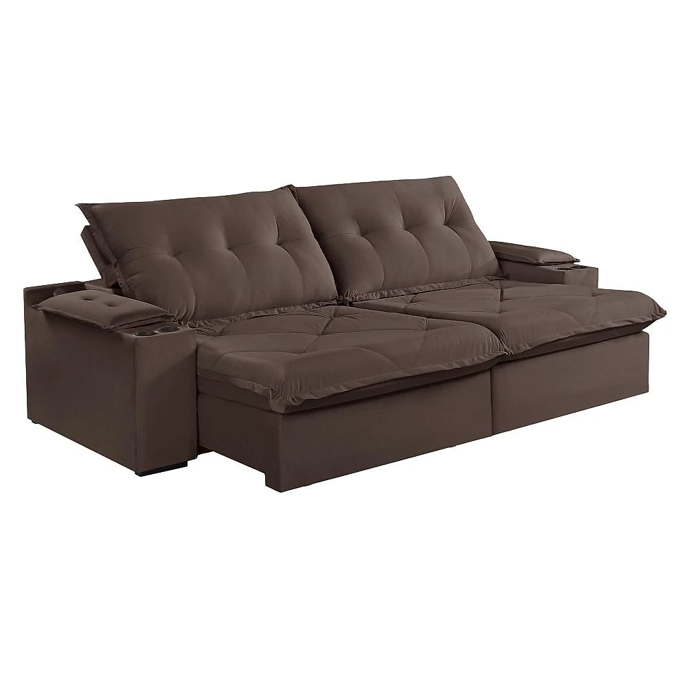 Sofá Retrátil e Reclinável com Entrada USB e Porta Copos 250cm Veneza Yescasa Sofá Retrátil e Reclinável 250cm M163 com Porta Copos Yescasa Veludo/Marrom Escuro
