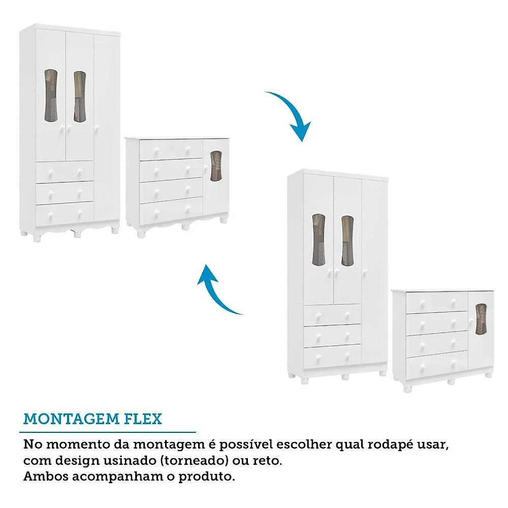 Quarto de Bebê Completo com Guarda Roupas 3 Portas Cômoda e Berço com Rodizio 100% Mdf Lana Espresso Branco Brilho