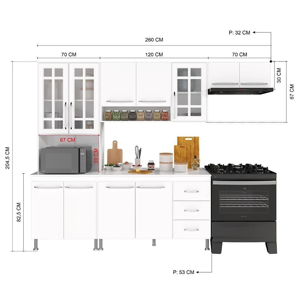 Armário de Cozinha Modulada Compacta Viena 11 Portas 3 Gavetas MDP 260CM Branco Fidelita Móveis webcontinental-7899208700071