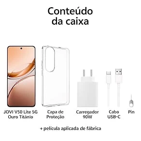 Smartphone JOVI V50 Lite 5G Ouro Titânio 256GB, 8GB RAM, Dimensity 6300, Tela AMOLED 6.77" 120Hz, Câmera Traseira 50MP, Android 15 e IP65 Ouro