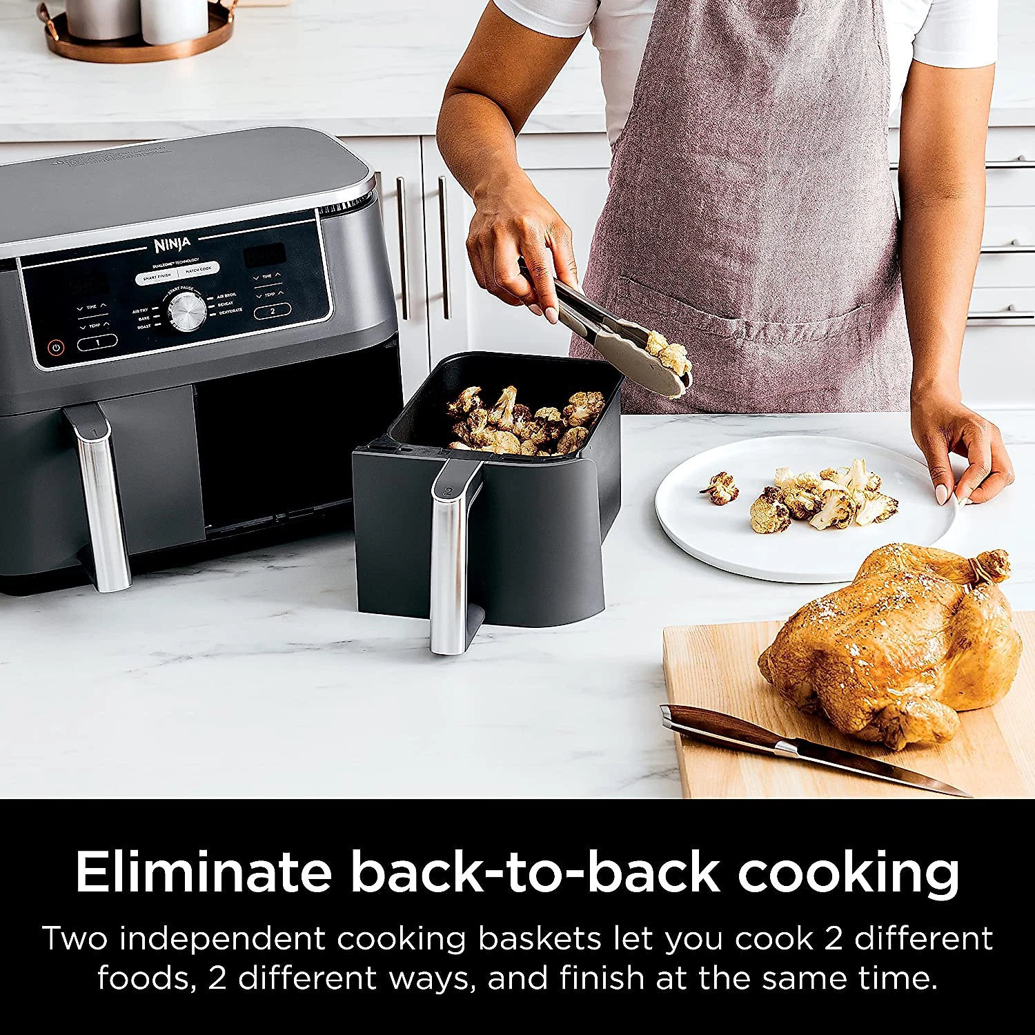 Ninja DZ401 Foodi 10 Quart 6in1 DualZone XL 2Basket Air Fryer with 2 Independent Frying Baskets Match Cook e Smart Finish to Roast Broil Dehydrate e More for Quick Easy FamilySized Meals Grey