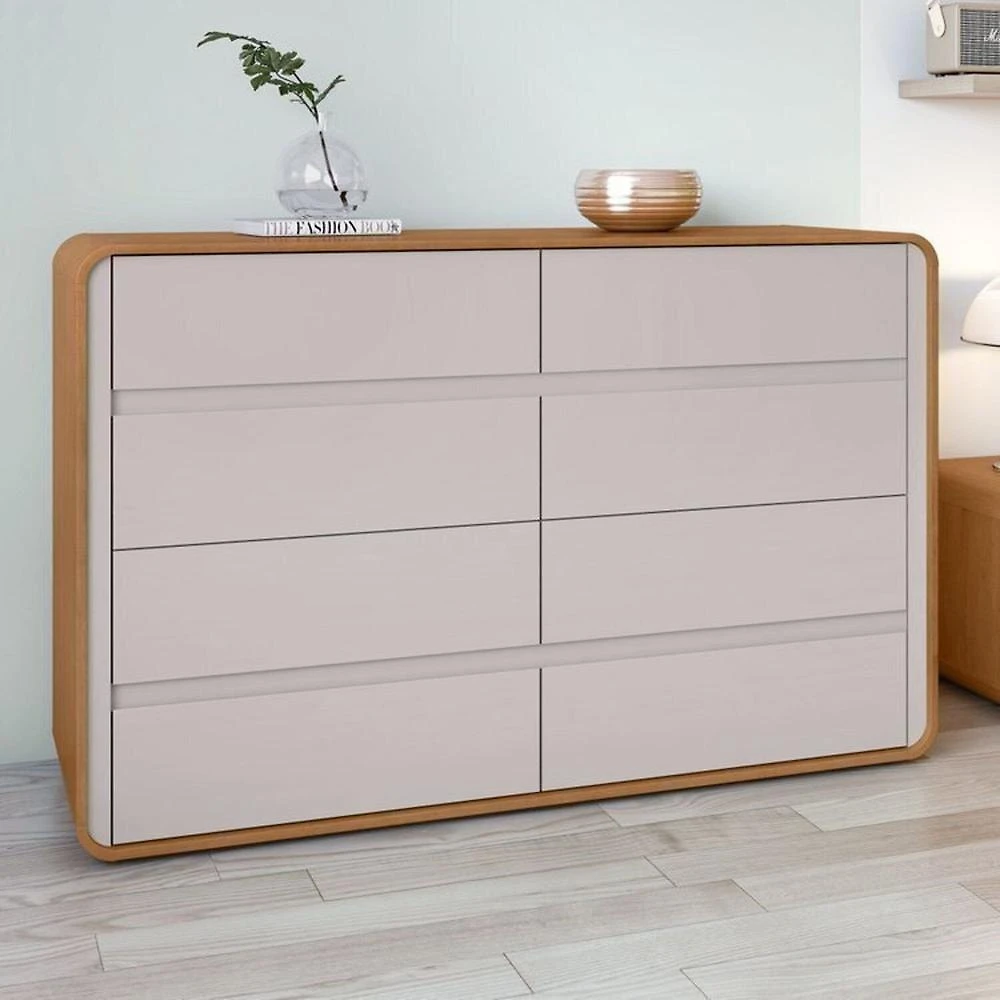 Quarto Completo Cama Solteiro com Cômoda 8 Gavetas e Mesa de Cabeceira Amêndoa Clean/Off White