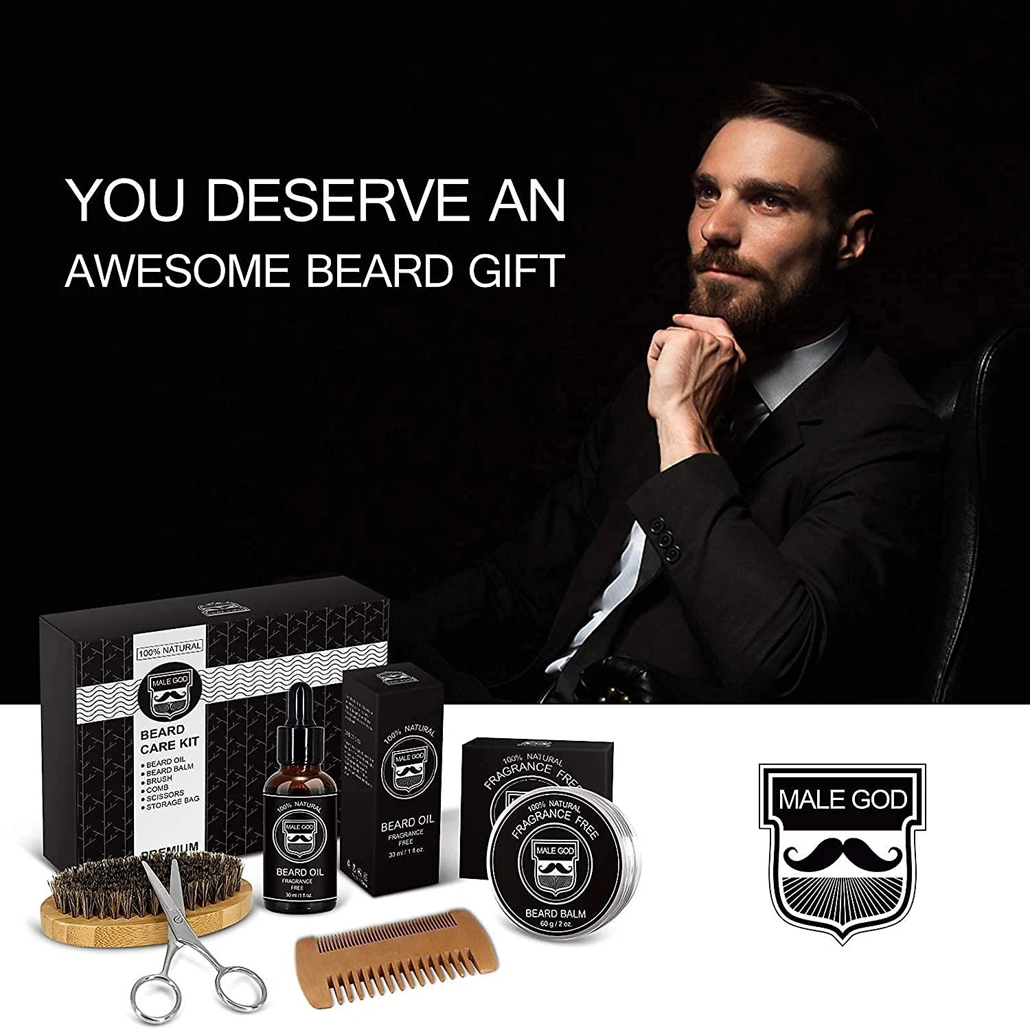 MALE GOD Kit para Barba Profissional Portátil com Cera e Pente 6 Itens
