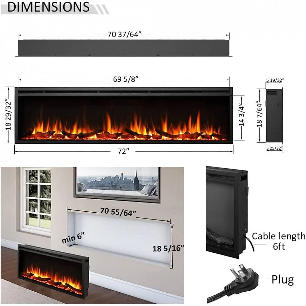 Lareira Elétrica de Embutir A45x182L com Controle Remoto, 110V, LegendFlame, Preta