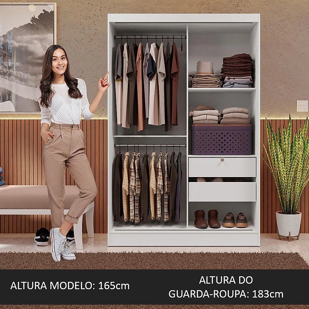 Guarda-roupa 2 Portas De Correr De Espelho Branco Max Madesa Branco