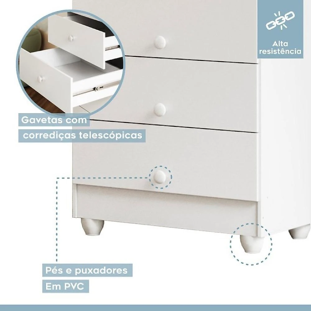 Quarto de Bebê com Berço com Suporte 100% Mdf Life e Cômoda de Bebê 100% Mdf 4 Gavetas Soft Life Branco