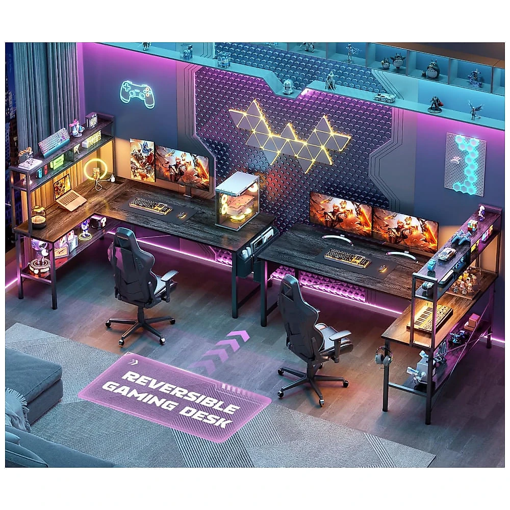 Mesa Gamer em L Aheaplus Carvalho Preto LED RGB 60000 Cores Tomadas USB 4 Prateleiras 150cm, Modelo AP-59DGJDK-BO