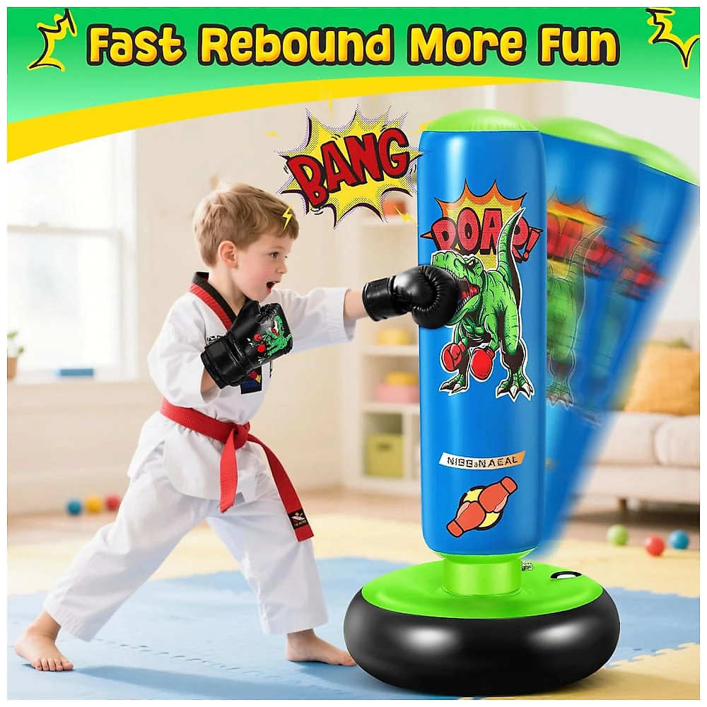 NIBBaNACAL Saco de Pancadas Inflável Infantil 120 cm com Luvas - Brinquedo Educativo e Divertido para Karatê e Taekwondo
