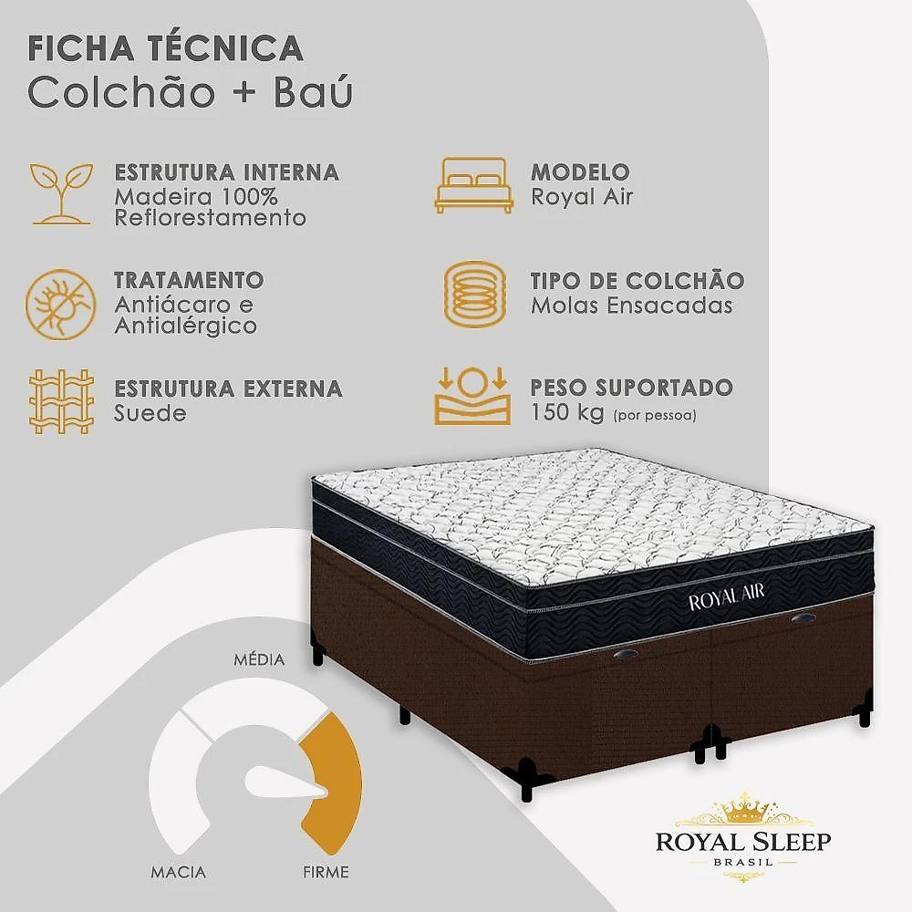 Cama Box Baú Casal 138cm Royal Air com Colchão Molas Ensacadas Suede Marrom Royal