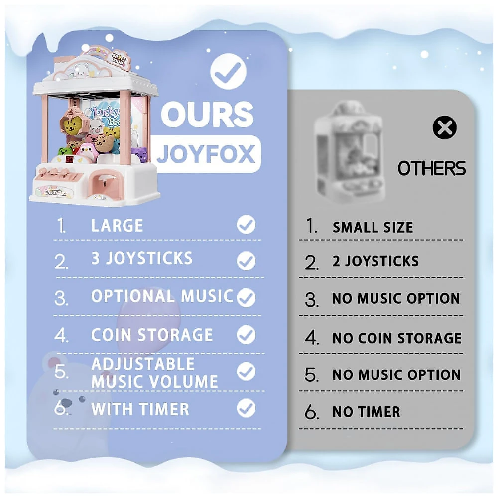 Máquina de Garra Rosa e Branca Snow Hut – Mini Arcade Infantil com 10 Cápsulas, 10 Pelúcias, Som e Brinquedos