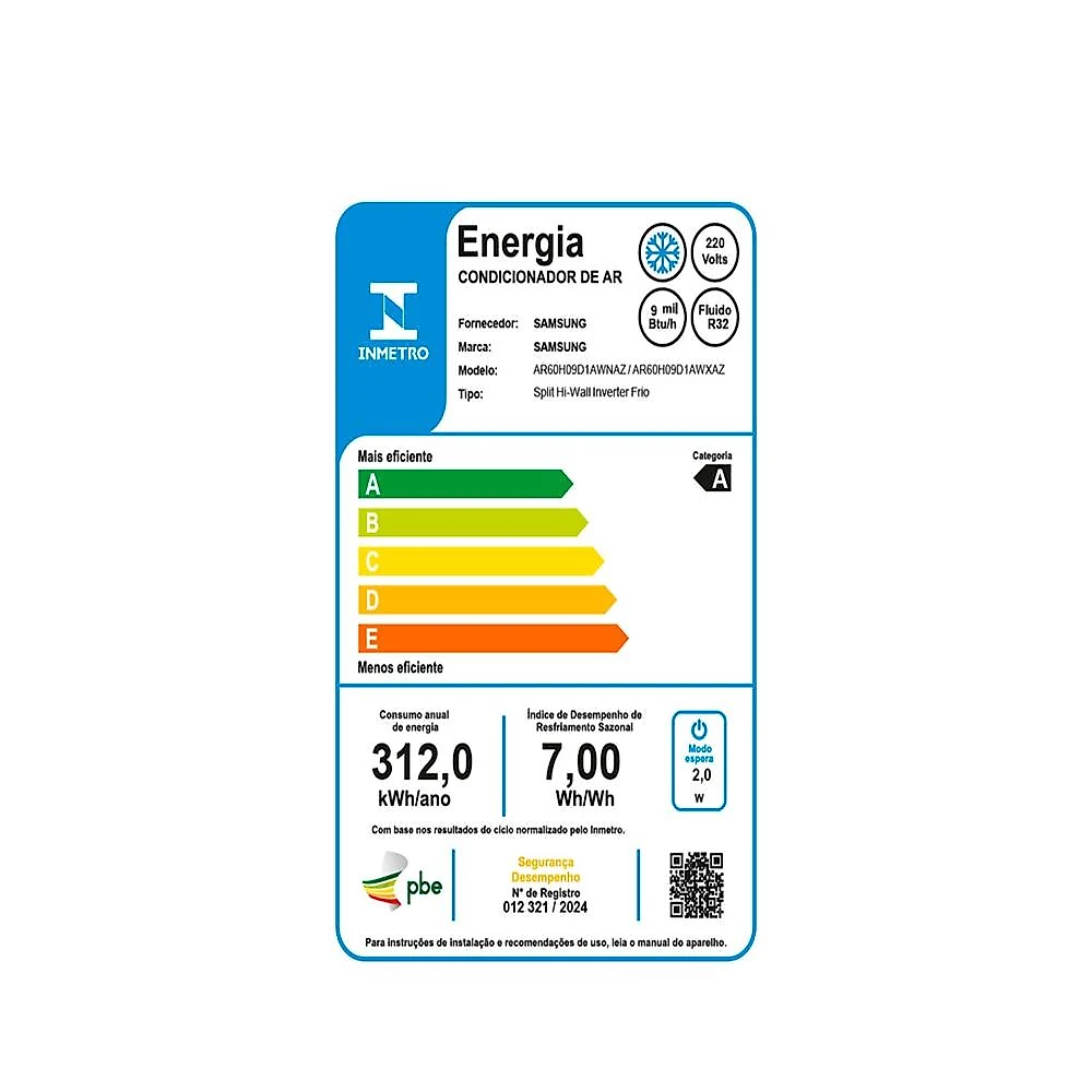 Ar-Condicionado Split Inverter 9000 BTUs Samsung WindFree AI Pro Wi-Fi High Wall Só Frio AR60H09D1AWNAZ/AR60H09D1AWXAZ 220V