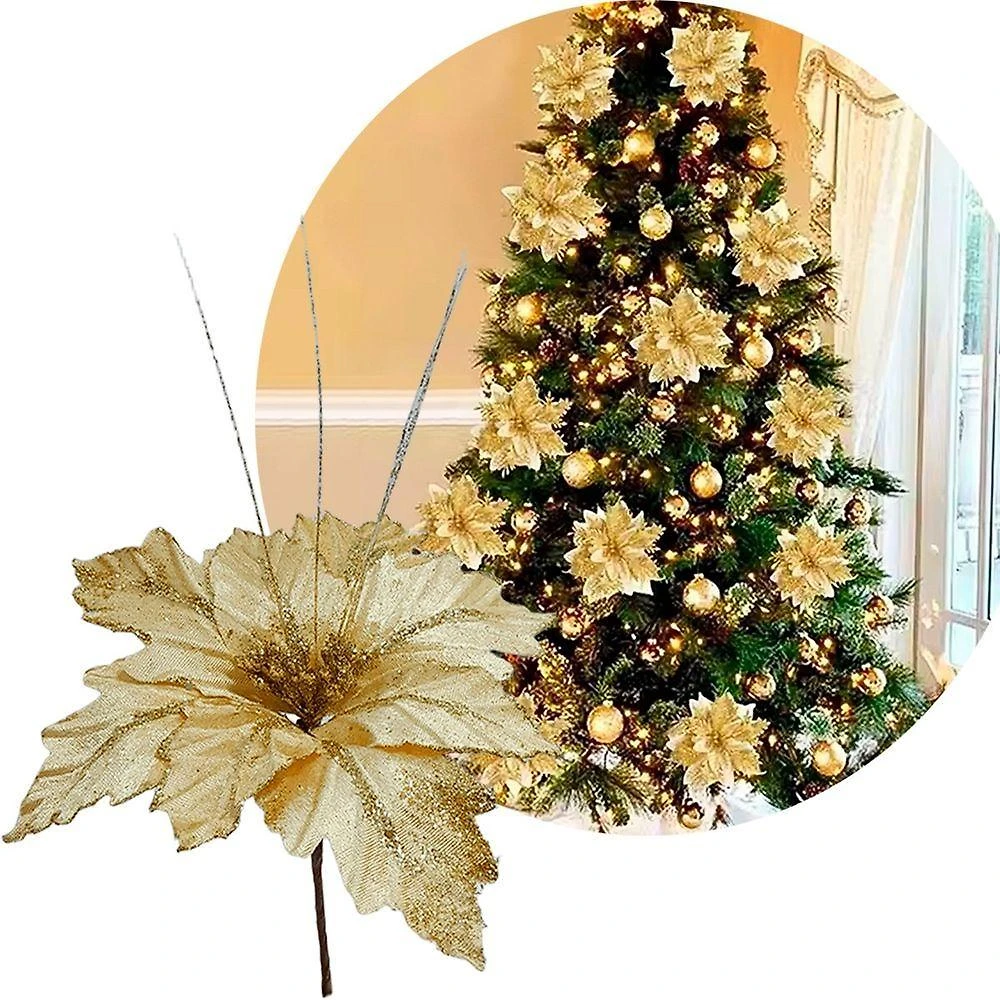 Flores Brilhantes Dourada Decoração Natal De 40cm Kit 12pçs